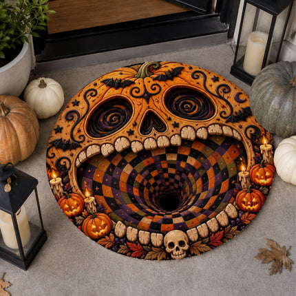 Halloween Round Rug Pumpkin Skull 3D Illusion Doormat