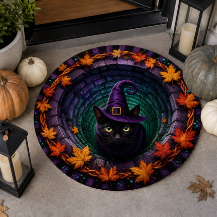 Halloween Round Rug Black Cat Witch 3D Illusion Doormat