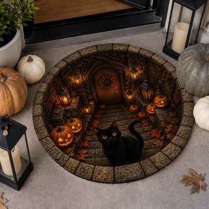 Halloween Round Rug Black Cat Pumpkin 3D Haunted Stairway Doormat