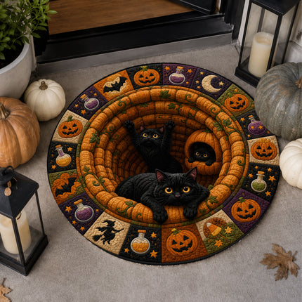 Halloween Round Rug Black Cat Pumpkin 3D Illusion Doormat