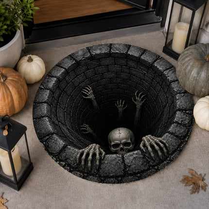 Halloween Round Rug Skeleton Well 3D Illusion Doormat