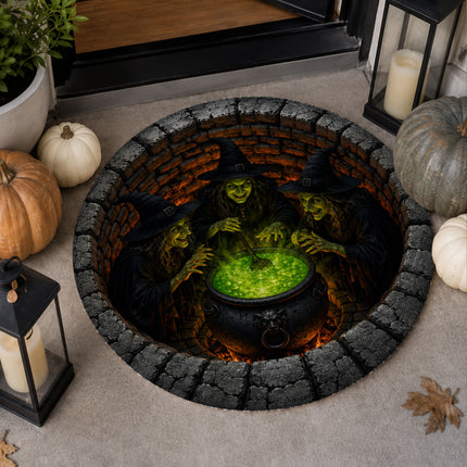 Halloween Round Rug Witches Cauldron 3D Illusion Doormat