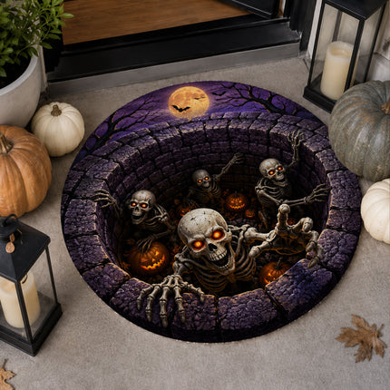 Halloween Round Rug Skeleton Grave 3D Illusion Doormat
