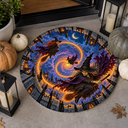 Halloween Flying Witch Portal Round Rug Haunted Castle Doormat