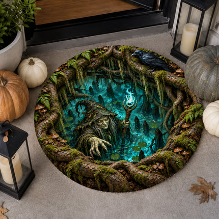 Halloween Swamp Witch Round Rug Haunted Forest Raven Doormat
