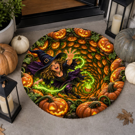 Halloween Witch Pumpkin Portal Round Rug Doormat