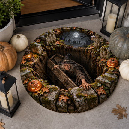 Halloween Witch Coffin Graveyard Round Rug Spooky Pumpkin Doormat