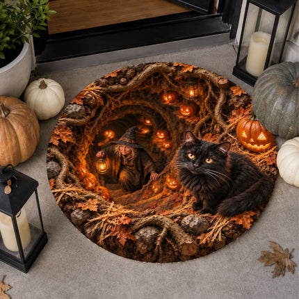 Halloween Black Cat Witch Cave Round Rug Pumpkin Doormat