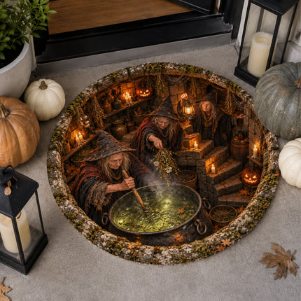 Halloween Witch Cauldron Round Rug Spooky Potion Cellar Doormat