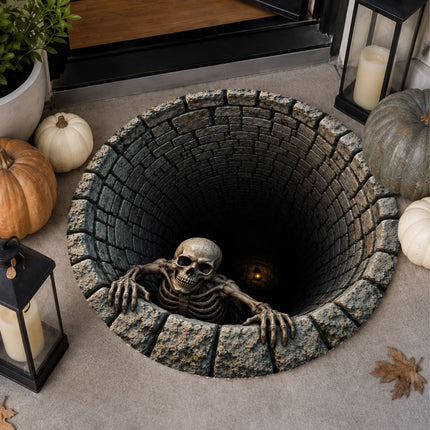 Halloween Round Rug Skeleton Well Spooky Doormat