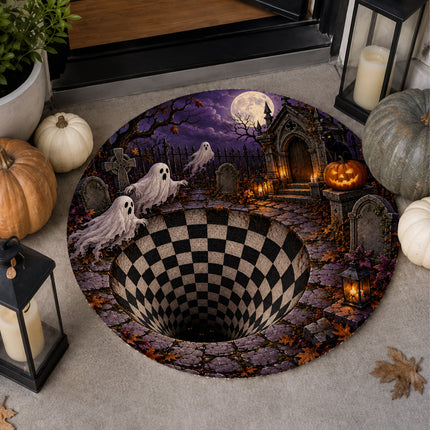 Halloween Round Rug Ghost Graveyard Moon 3D Illusion Doormat