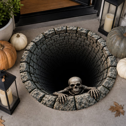 Halloween Round Rug Skeleton Stone Well 3D Illusion Doormat