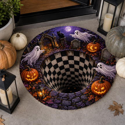 Halloween Round Rug Ghost Pumpkin Graveyard Illusion Doormat