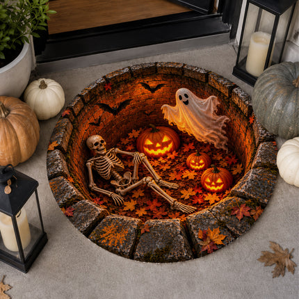 Halloween Round Rug Skeleton Ghost Pumpkin 3D Illusion Doormat