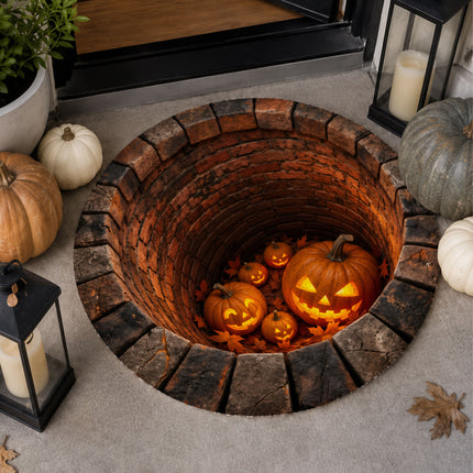 Halloween Round Rug Jack O Lantern Brick Well 3D Illusion Doormat