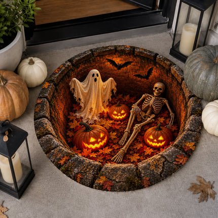 Halloween Round Rug Skeleton Ghost Pumpkin 3D Well Doormat