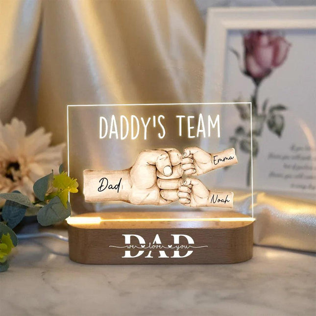 Personalized Daddy's Team Fist Bump Acrylic Night Light - Father's Day, Birthday Gift For Dad - Charming Present