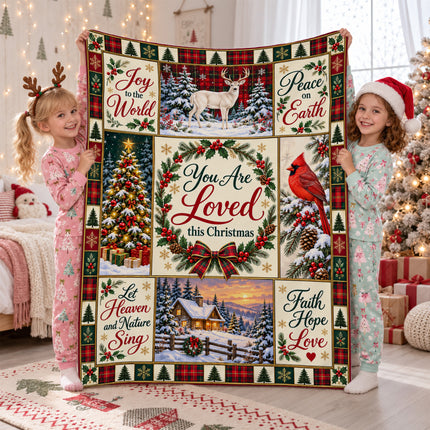 Christian Christmas Fleece Blanket You Are Loved Holiday Patchwork