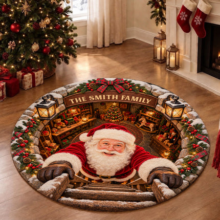 Personalized Santa Workshop Christmas Round Doormat Cozy Family Welcome Rug