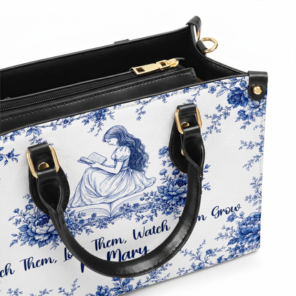 Personalized Teacher Leather Handbag Blue Floral Vintage Reading