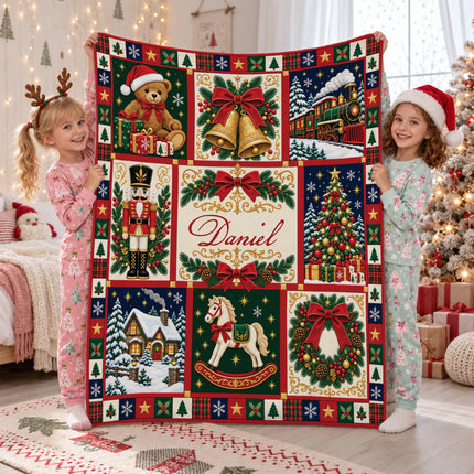 Personalized Christmas Fleece Blanket Nutcracker Holiday Patchwork