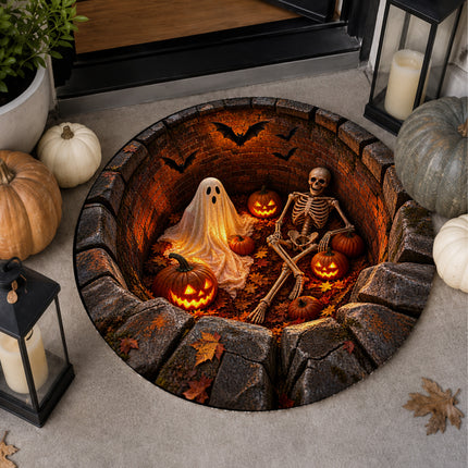 Halloween Round Rug Ghost Skeleton Pumpkin Pit Doormat