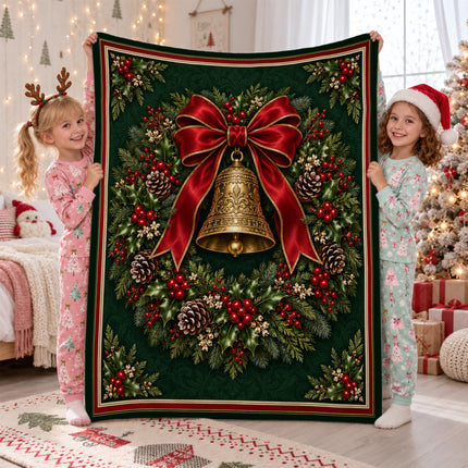 Christmas Fleece Blanket with Vintage Bell Wreath