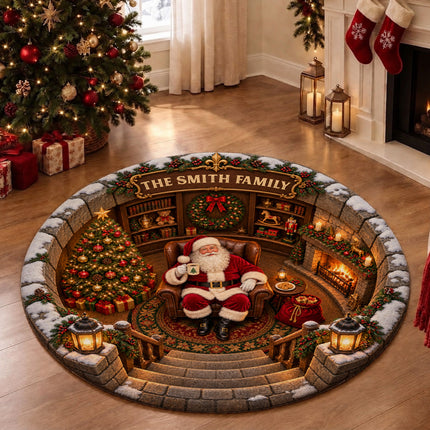 Personalized Santa Christmas Round Doormat Cozy Fireplace Family Name Rug