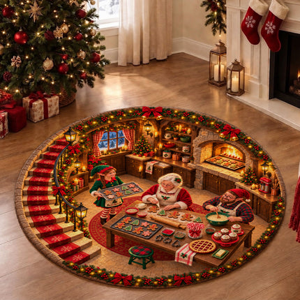 Christmas Cookie Baking Round Rug Cozy Kitchen Holiday Doormat
