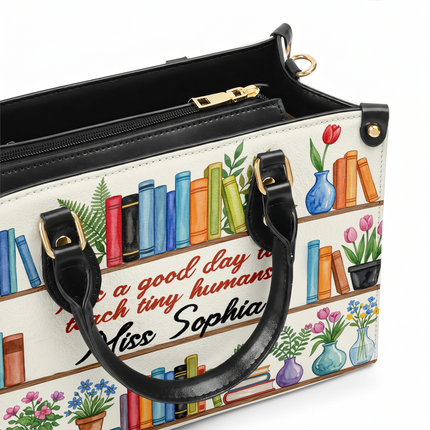 Personalized Teacher Leather Handbag Bookshelf Plants Tiny Humans