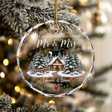 Personalized First Christmas Together Snowy Cabin Couple Glass Ornament