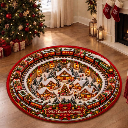 Personalized Christmas Doormat Train Village Family Name Round Rug
