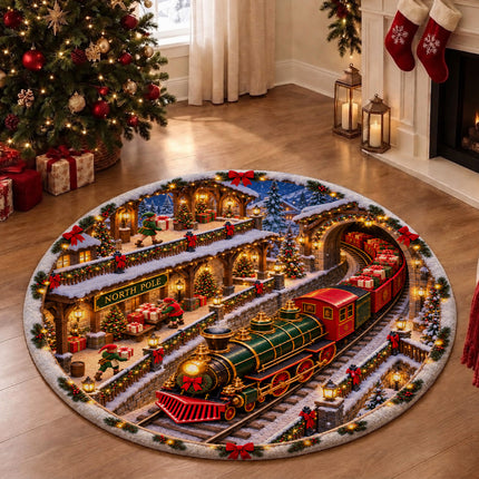 North Pole Christmas Train Round Rug Holiday Gift Express Doormat