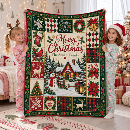 Personalized Family Christmas Fleece Blanket Snowman Winter Cottage