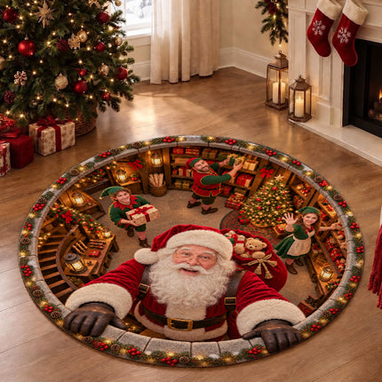 Santa's Workshop Christmas Round Rug North Pole Elves Doormat