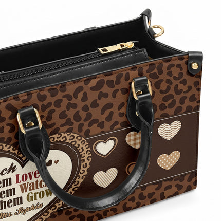 Personalized Teacher Leather Handbag Leopard Print Heart