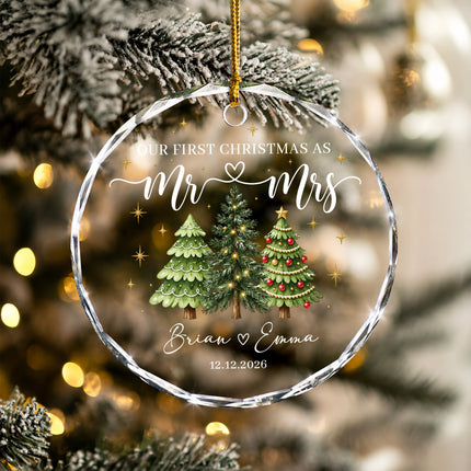 Personalized First Christmas Together Three Festive Trees Couple Glass Ornament