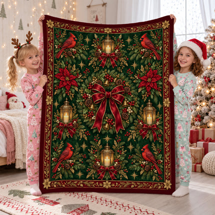 Christmas Fleece Blanket with Cardinal Lantern Wreath