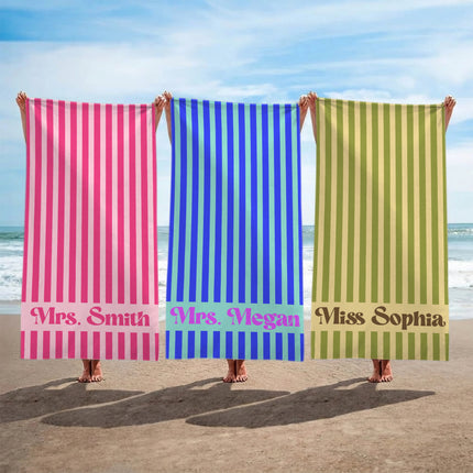 Personalized Teacher Beach Towel Striped Name