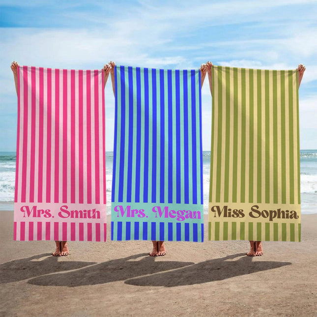 Personalized Teacher Beach Towel Striped Name