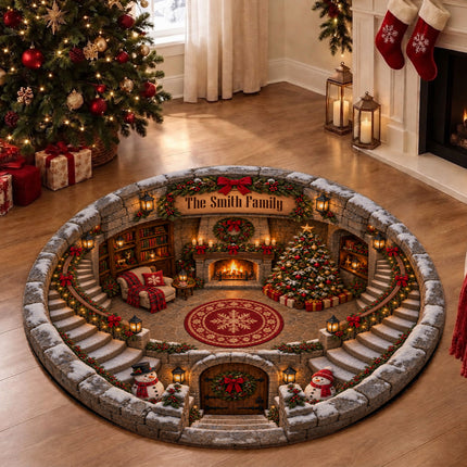 Personalized Christmas Round Doormat Cozy Fireplace Snowman Family Name Rug