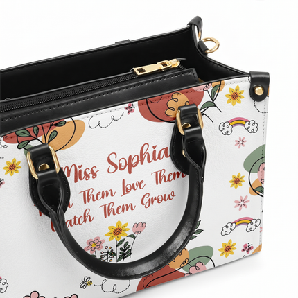 Personalized Teacher Leather Handbag Boho Floral Teach Love Grow