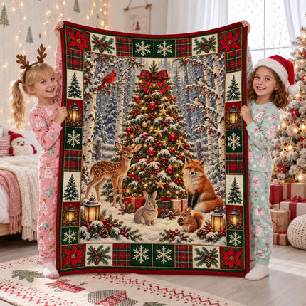 Woodland Christmas Fleece Blanket Forest Animals Deer Fox Rabbit Snowy Tree Holiday Throw