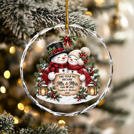 Personalized Newlywed Snowman First Christmas Glass Ornament