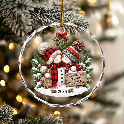 Personalized Snowman Couple First Christmas Together Glass Ornament