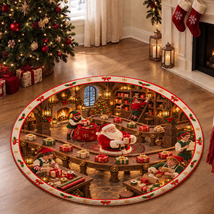 Christmas Gift Wrapping Round Rug Santa Workshop Doormat