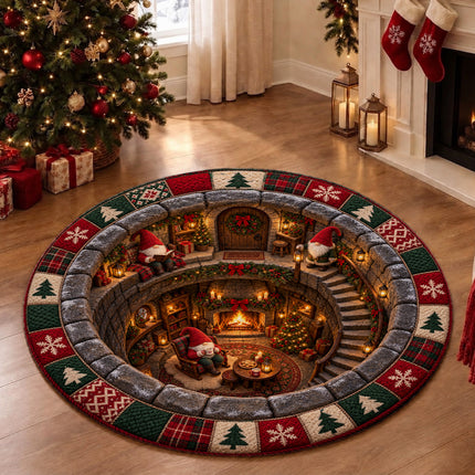 Christmas Round Doormat with Cozy Gnome Fireplace