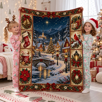 Christmas Fleece Blanket with Snowy Village Scene
