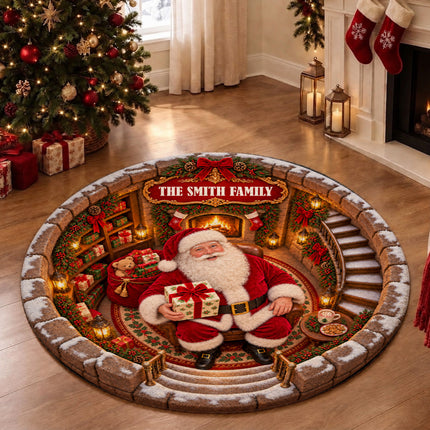 Personalized Santa Christmas Round Doormat Cozy Fireplace Family Name Rug