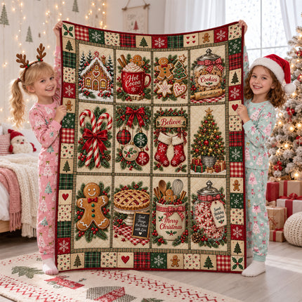 Christmas Gingerbread Patchwork Fleece Blanket Cozy Cocoa and Cookies